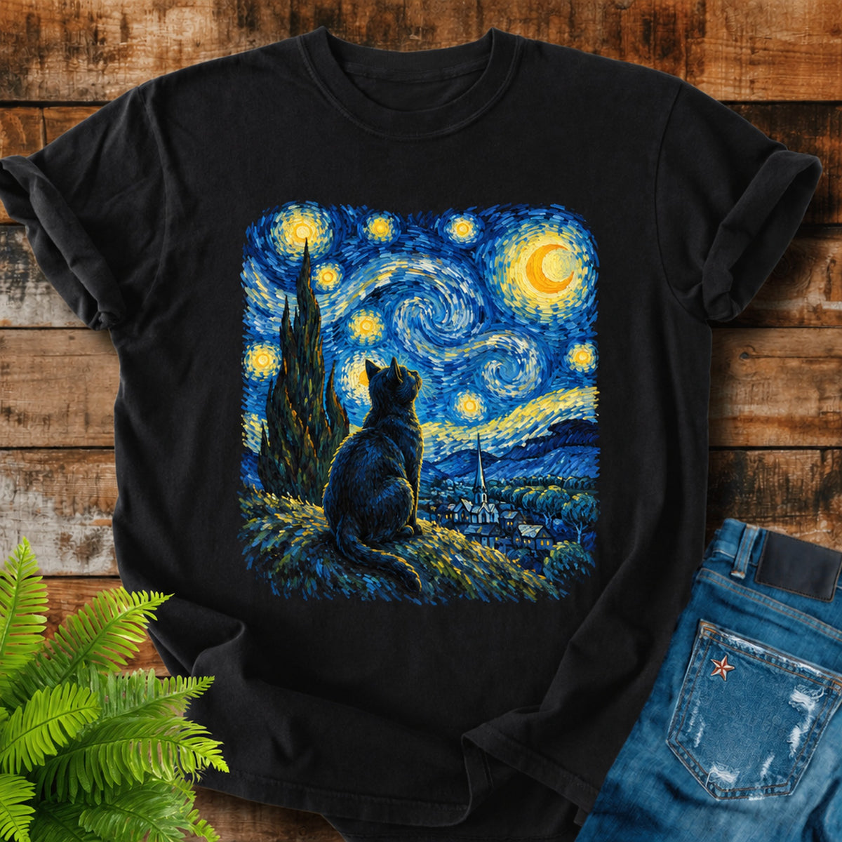 Starry Night Cat print on a Black t-shirt