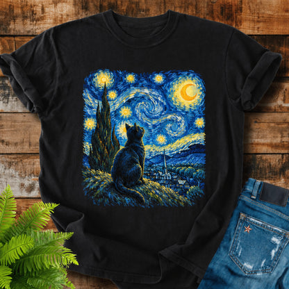 Starry Night Cat print on a Black t-shirt