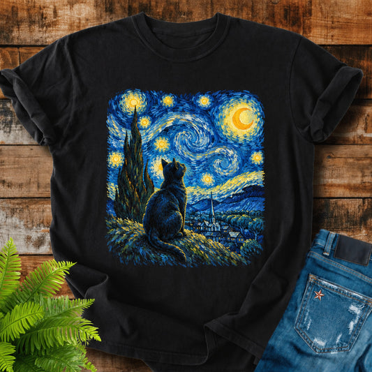 Starry Night Cat print on a Black t-shirt