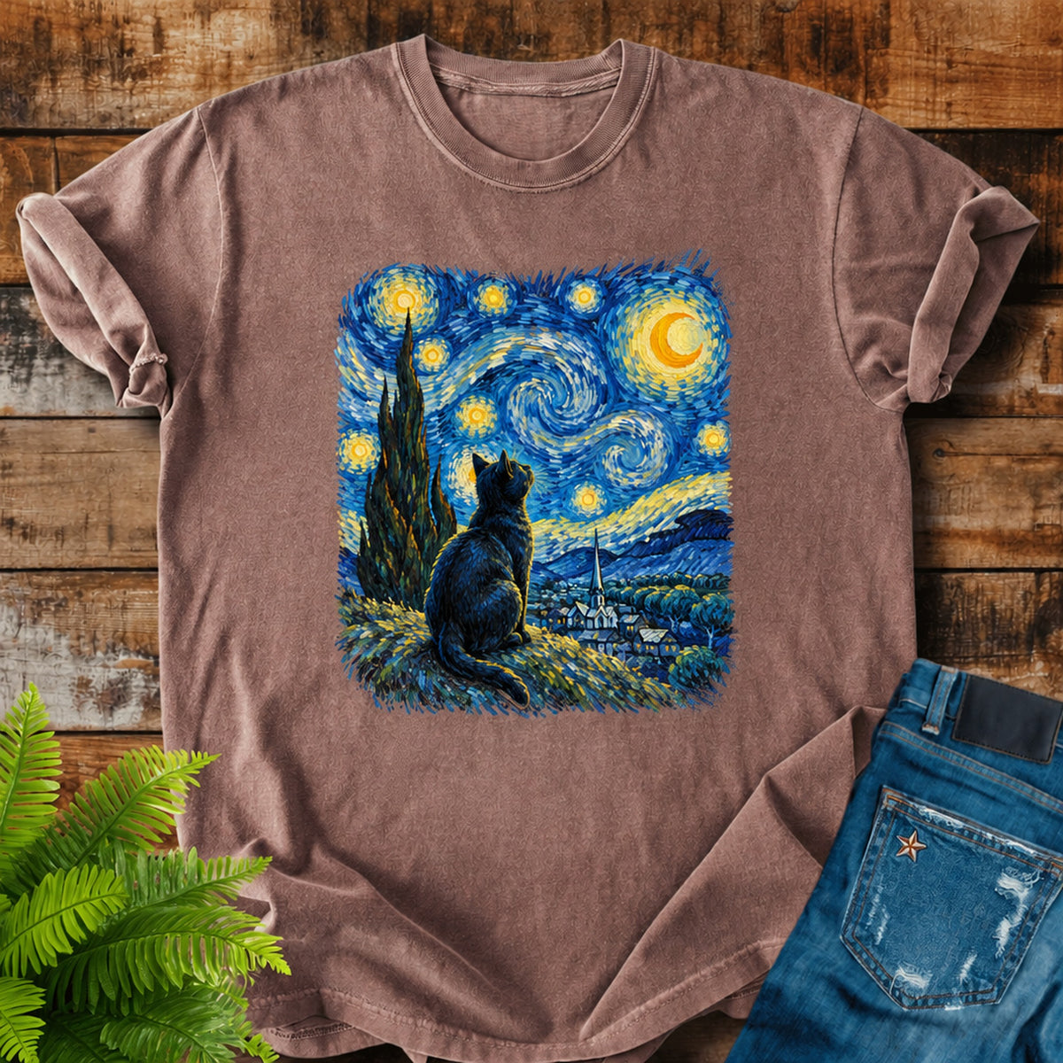 Starry Night Cat print on a Espresso t-shirt