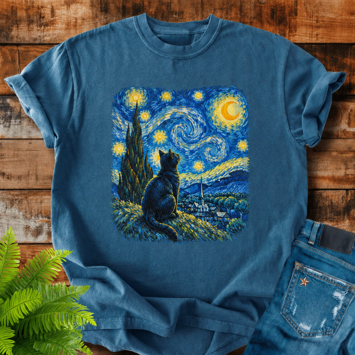 Starry Night Cat print on a Midnight t-shirt