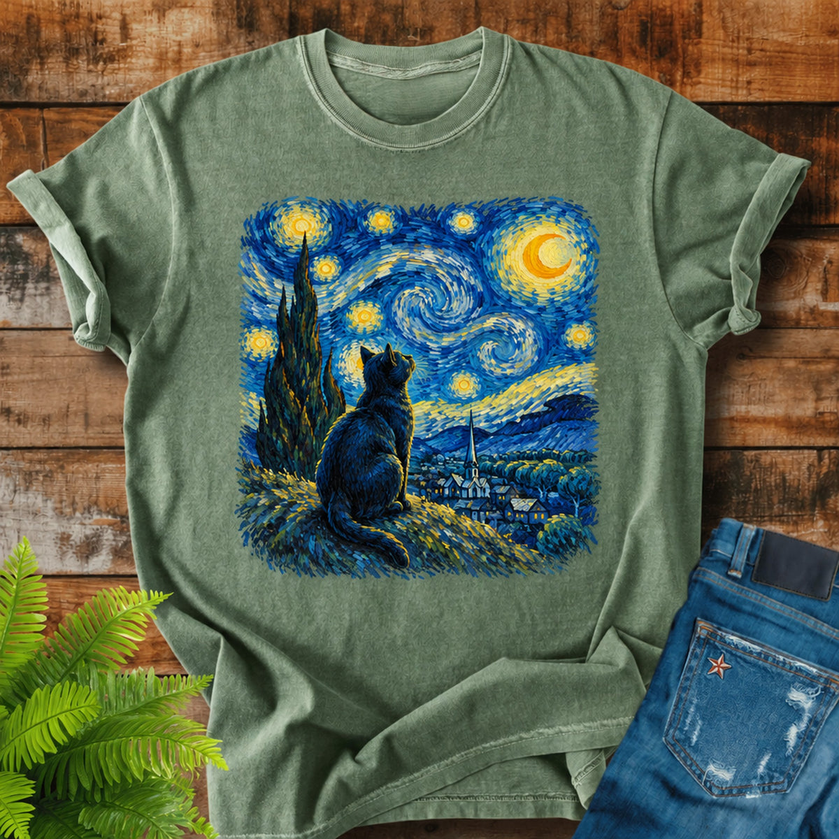 Starry Night Cat print on a Moss t-shirt