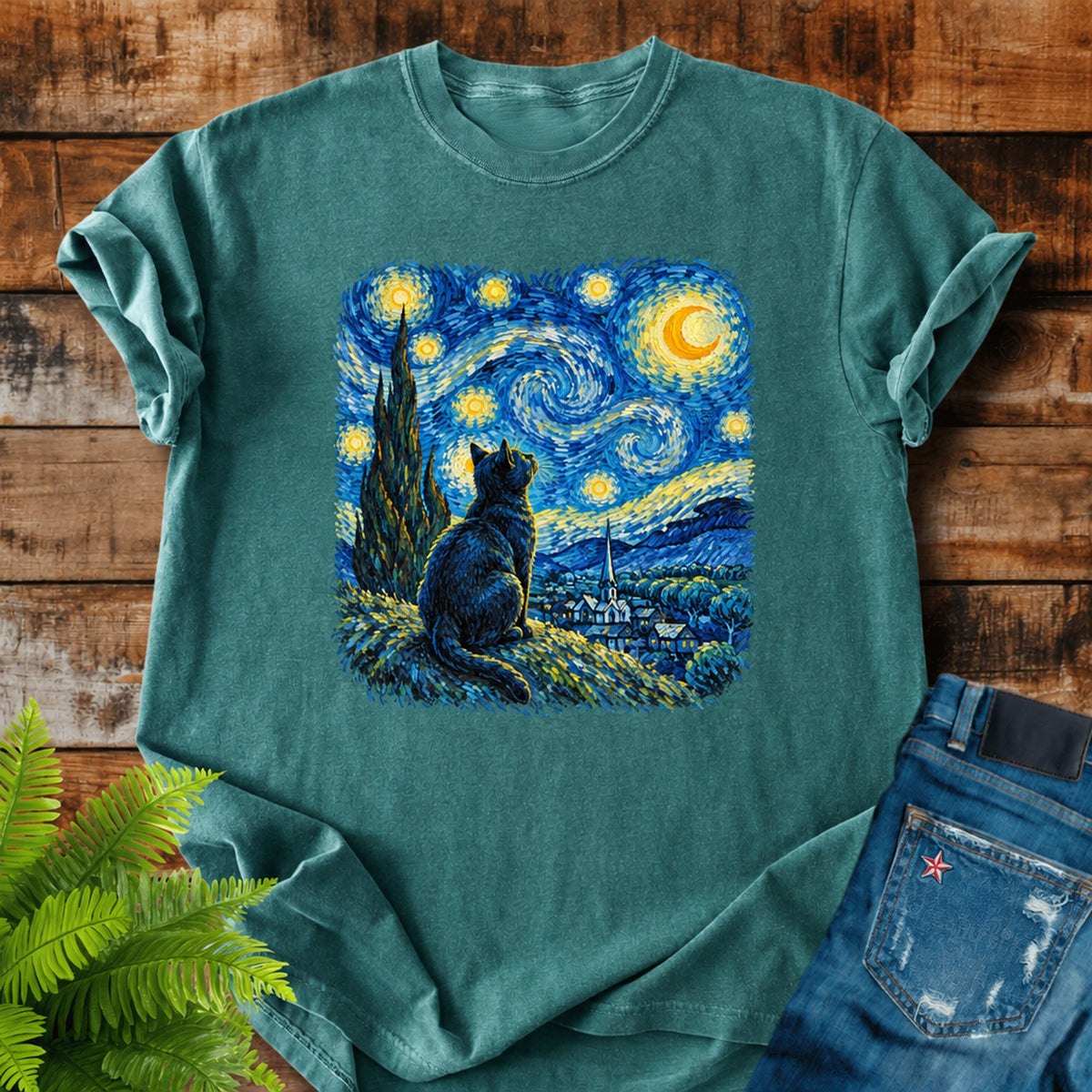 Starry Night Cat print on a Blue Spruce t-shirt