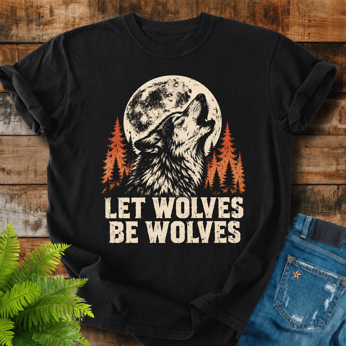 Let Wolves Be Wolves print on a Black t-shirt