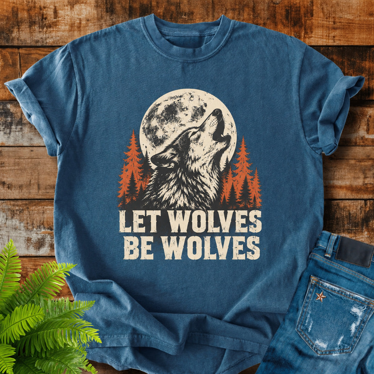 Let Wolves Be Wolves print on a Midnight t-shirt