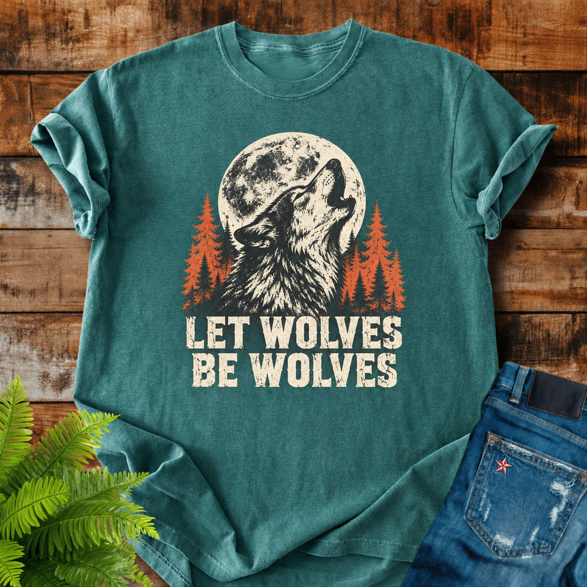 Let Wolves Be Wolves print on a Blue Spruce t-shirt