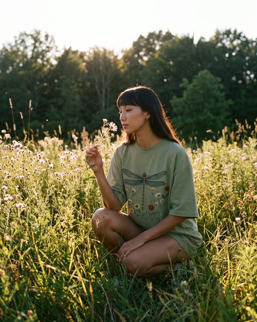 Stopping to look at a wildflower in the meadow
